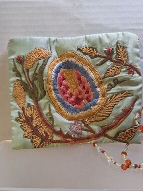 Moyna Green Floral Embroidered Mini Evening Bag Beaded Strap